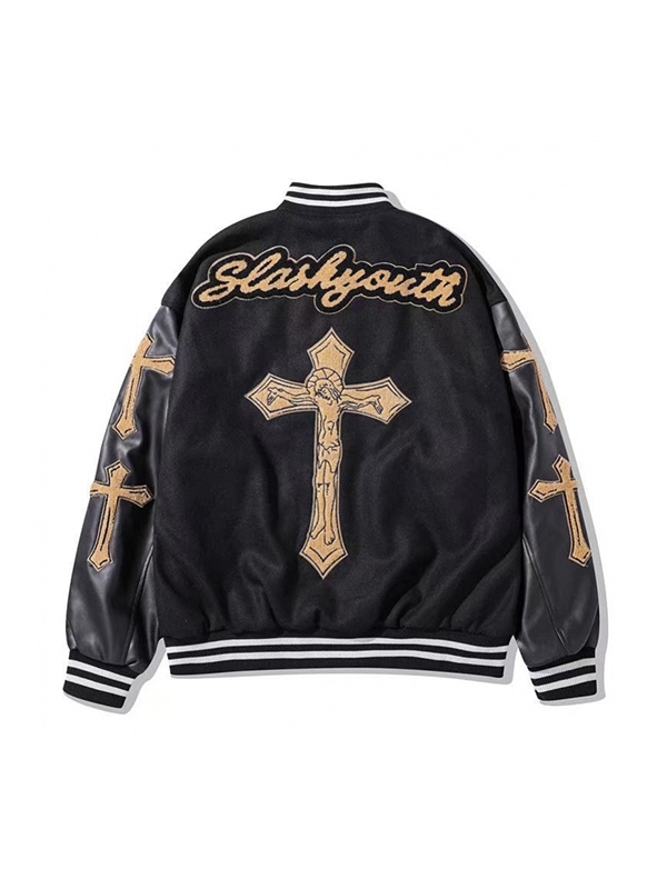 Men's Cross Embroidery Print PU Leather Patch Jacket-2
