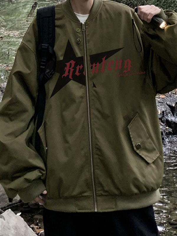 Men's Star Print Zip Up Pocket Cargo Jacket-1