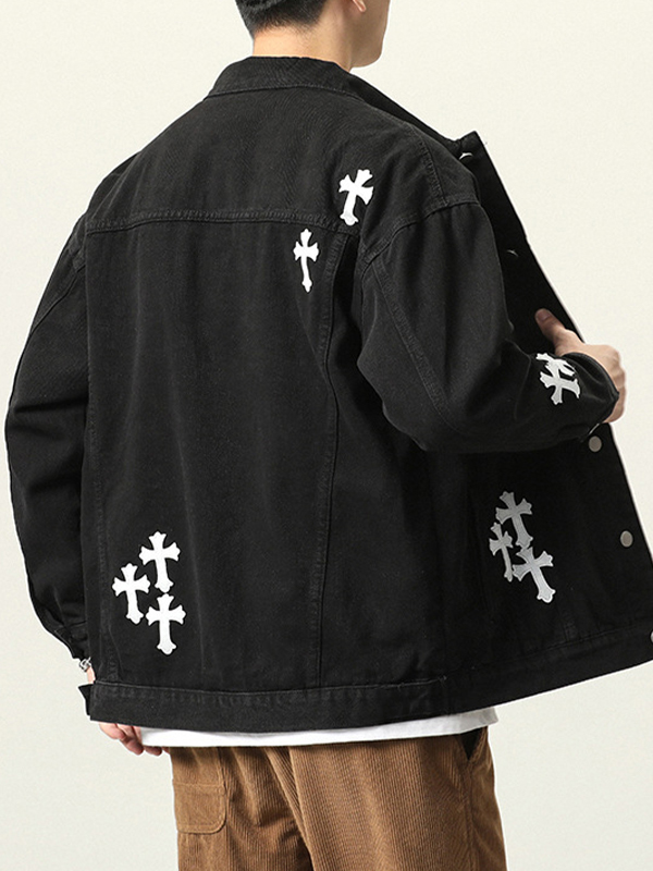 Men's Vintage Cross Print Denim Jacket-2