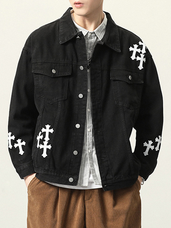 Men's Vintage Cross Print Denim Jacket-1