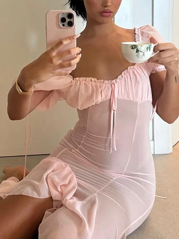 French Chiffon Splice Lace Up Backless? Midi Dress-1