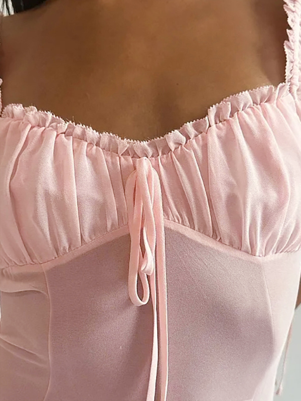 French Chiffon Splice Lace Up Backless? Midi Dress-2