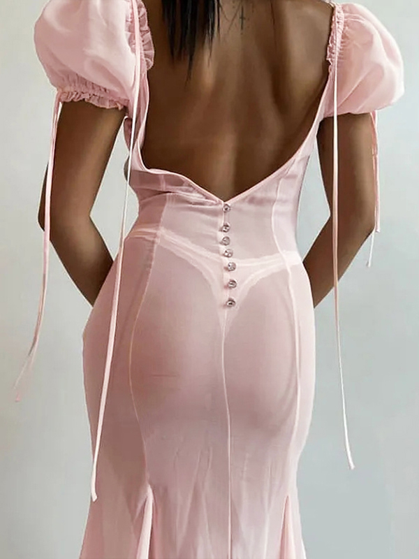 French Chiffon Splice Lace Up Backless? Midi Dress-3