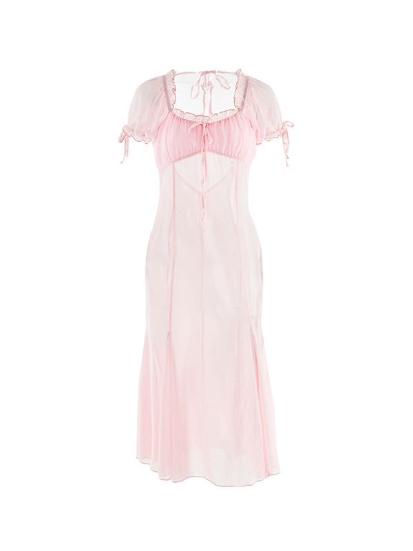 French Chiffon Splice Lace Up Backless? Midi Dress-4