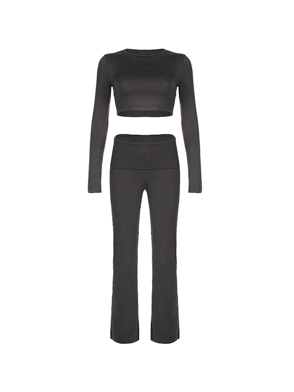 Solid Cropped Slim Long Sleeve Tee&Flared Sweatpants Set-2