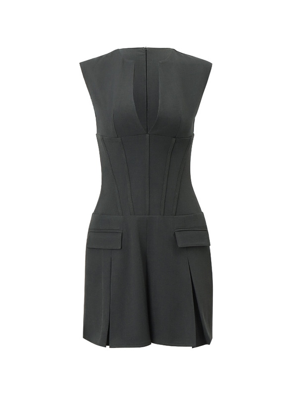 Solid V Neck Corset Pleated Sleeveless Mini Dress-6