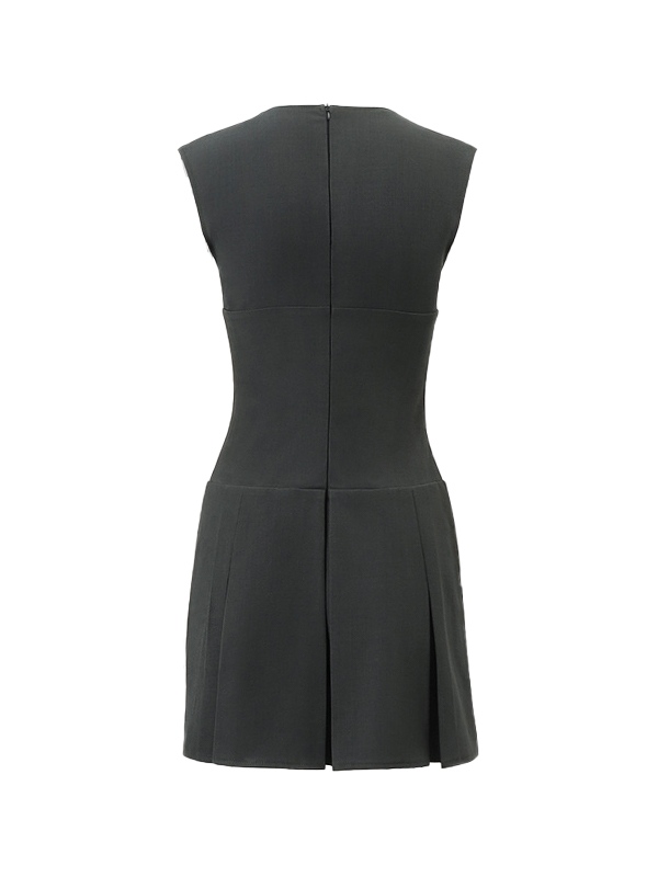 Solid V Neck Corset Pleated Sleeveless Mini Dress-7