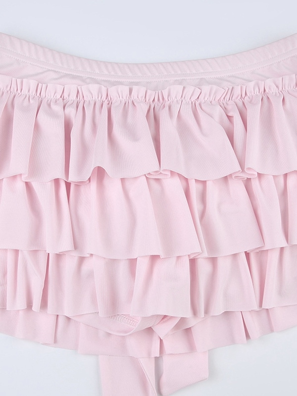 Solid Bow Splice Low Rise Tiered Mini Skirt-4