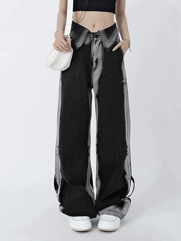 Vintage Wash Turned Waist Boyfriend Jeans-1