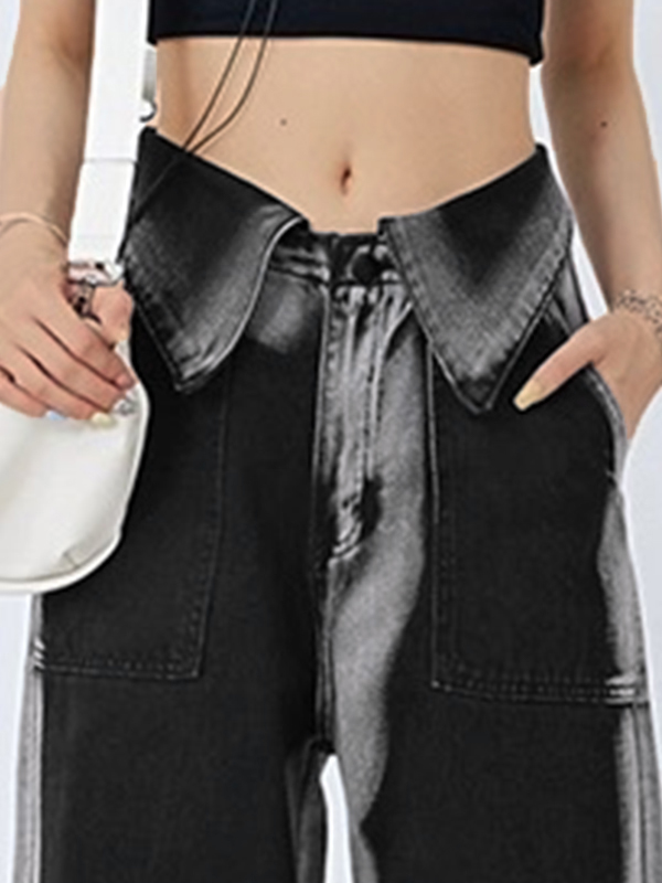 Vintage Wash Turned Waist Boyfriend Jeans-2