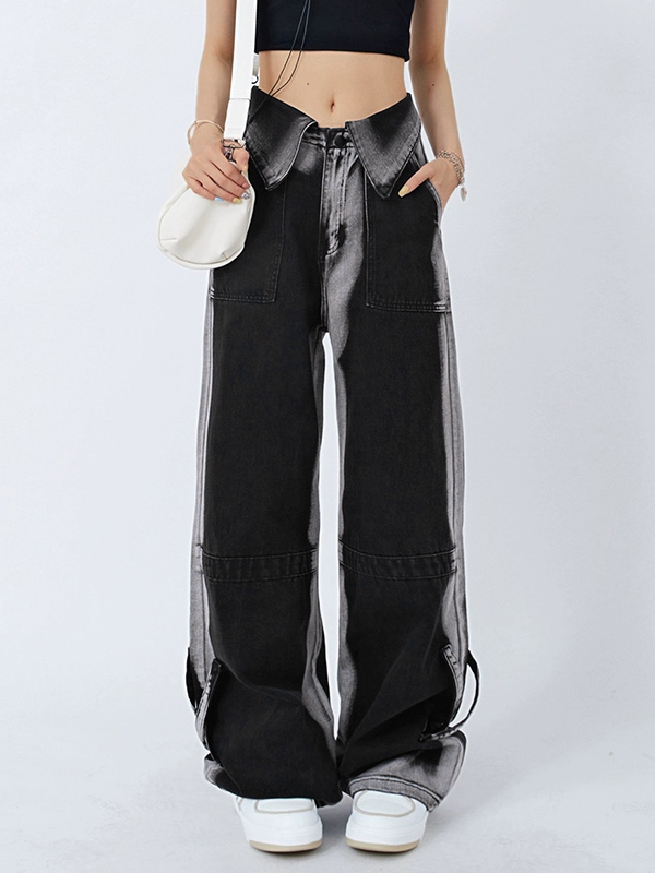 Vintage Wash Turned Waist Boyfriend Jeans-3