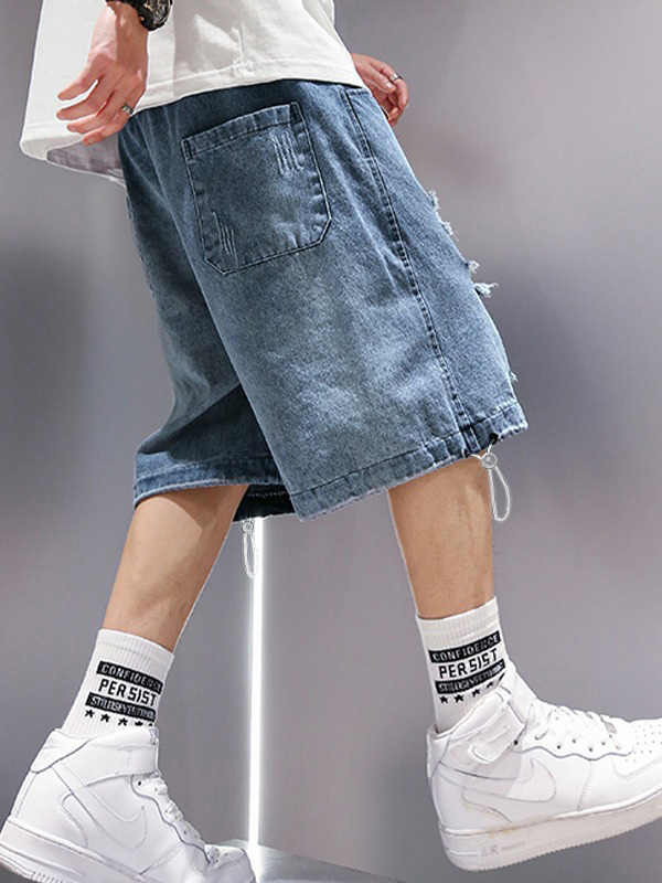 Men's Wash Distressed Skate Denim Shorts-4