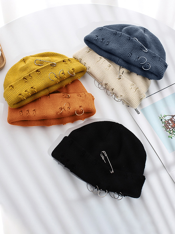 Safety Pin Distressed Knitted Beanie Hat-1
