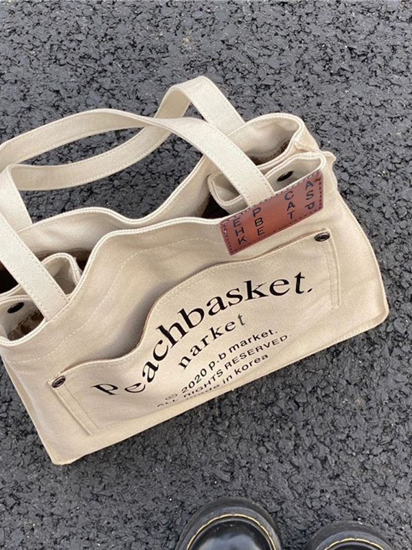 Letter Print Large Capacity Canvas Tote Bag-4