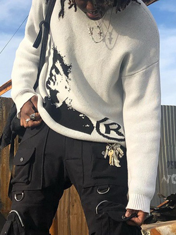 Men's Portrait Print Crew Neck Sweater-3