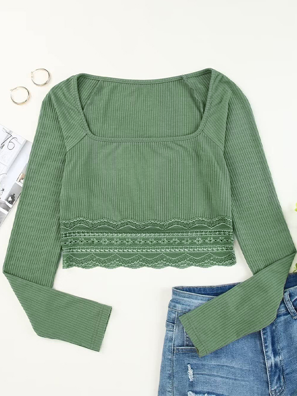 Solid Color Lace Hem Square Neck Crop Long Sleeve Knit-4