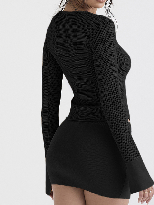 Solid Flare Sleeve Slim Sweater-2