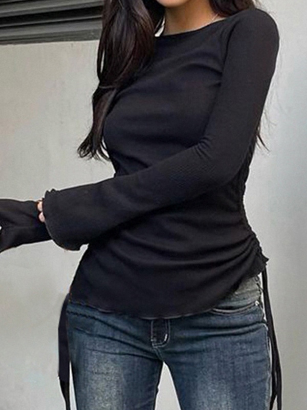 Solid Drawstring Lace Up Long Sleeve Knit-1