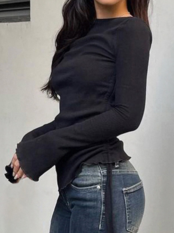 Solid Drawstring Lace Up Long Sleeve Knit-2