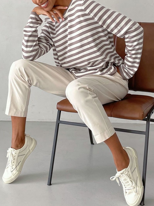 Striped Crew Neck Knit Sweater-3