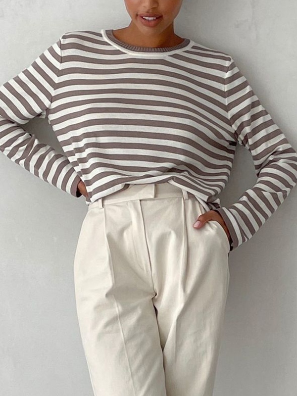 Striped Crew Neck Knit Sweater-1