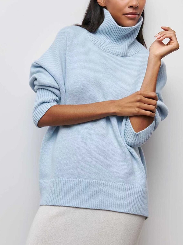 Solid High Neck Loose Sweater-1